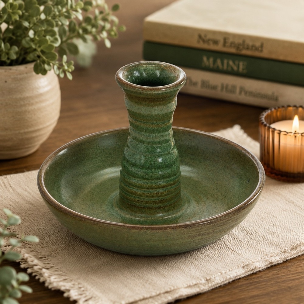 Rackliffe Pottery Blue Hill Maine Green Studio Pottery Chamberstick Candle Holde